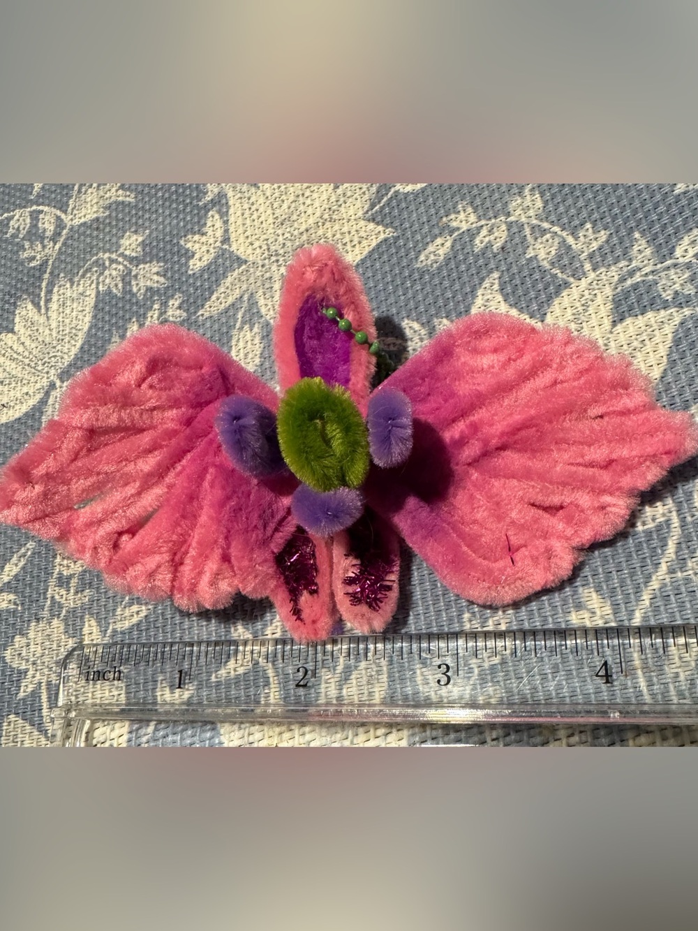 Vibrant Pink Plush Flower Bag Charm with Green & Purple Accents